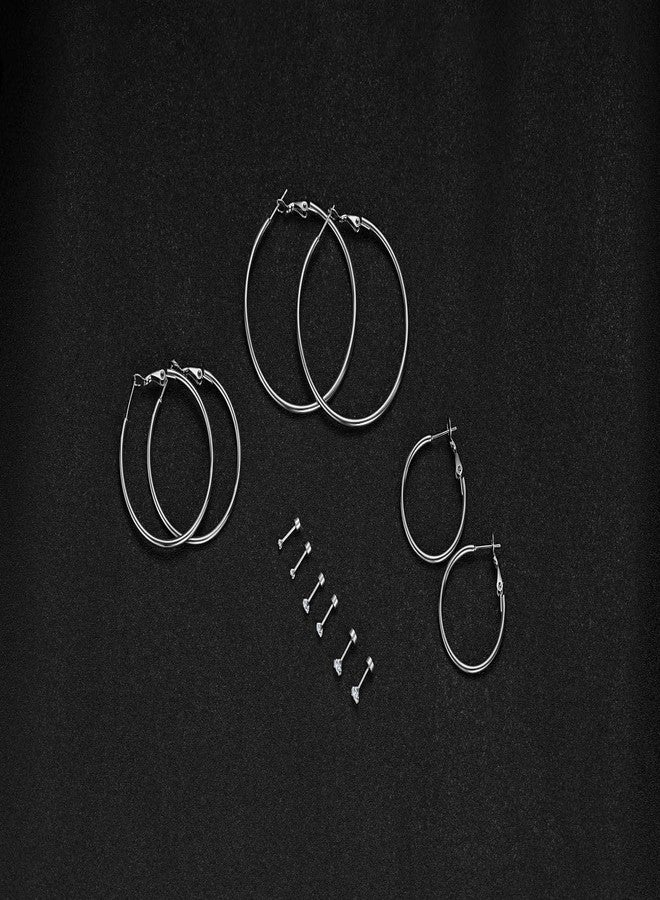 FOSIR Surgical Steel Hoop Earrings Flat Back Stud Earrings Set for Women - 6 Pairs Hypoallergenic Silver Earring Hoops and Cubic Zirconia Earrings Studs - Image 2